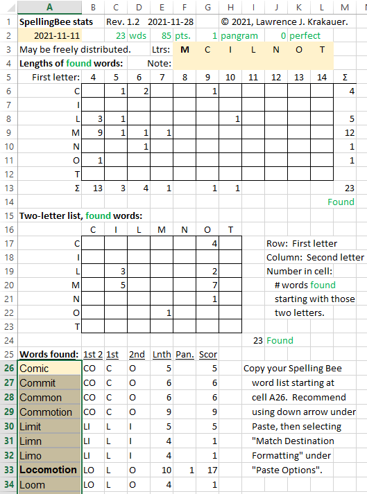 Display of "found words" statistics